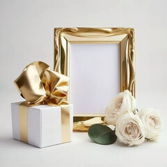Obraz na płótnie Canvas Mockup of a golden photo frame with white background and gift