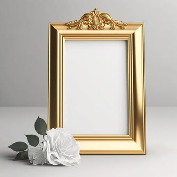 Mockup of a golden photo frame with white background