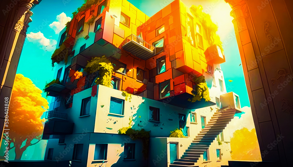 Aufkleber an image of building with stairs and stairs. generative ai.