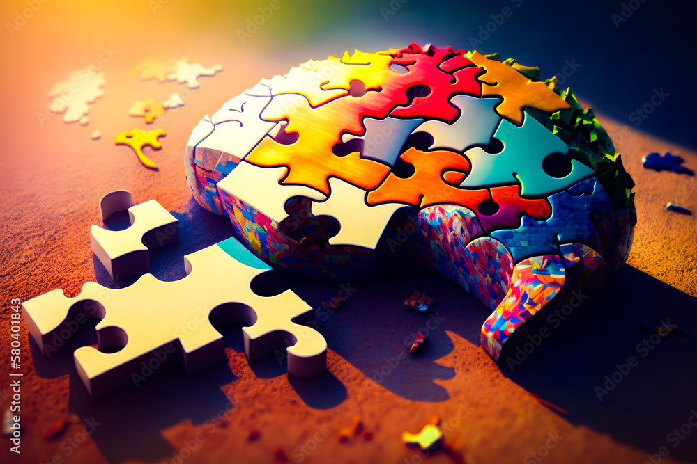 Poster an image of puzzle piece in the shape of brain. generative ai.