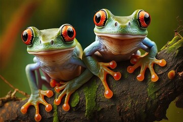 Fototapeta premium Tree frogs with red eyes smile. Generative AI