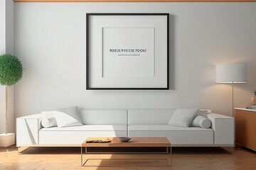 Square Frame on Wall Mockup in Modern Minimal White Room - AI Generated