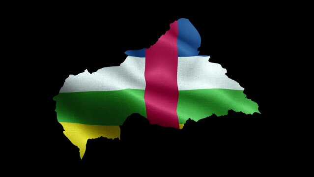 4K waving national flag of Central African Republic on the map. Loop alpha channel seamless Central African Republic flag on territory. Outline geographic country border of Central African Republic.