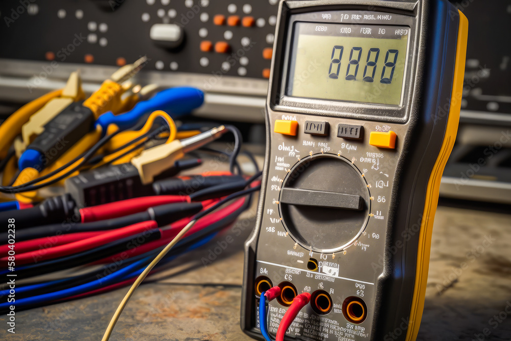 Poster multimeter is sitting on top of some wires. generative ai.