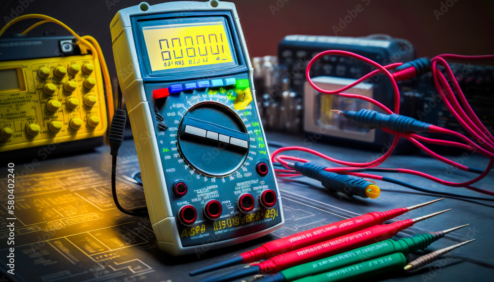 Poster multimeter is sitting on top of table. generative ai.