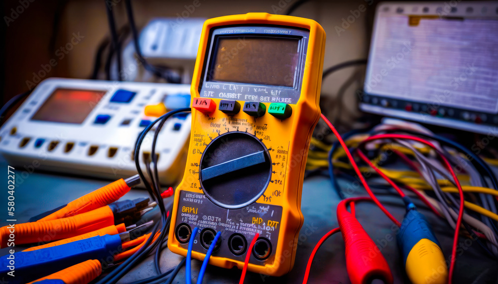 Poster multimeter is sitting on top of some wires. generative ai.