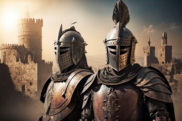 illustration, the knights are warriors in armor and helmets, generative ai