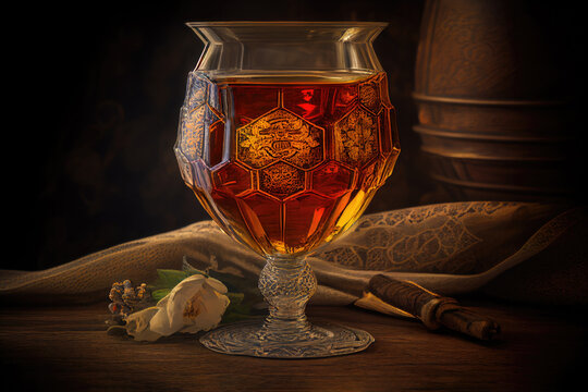 Beautiful glass of honey mead in an illustrated styled photo shoot with decanter and bottle