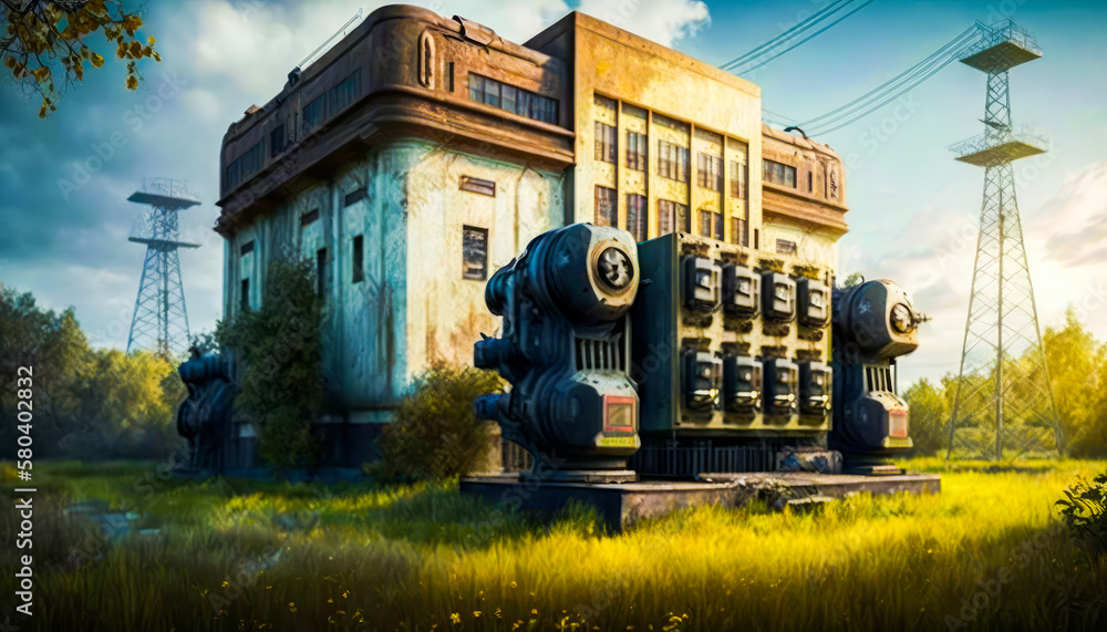 Poster the abandoned building in the middle of field. generative ai.