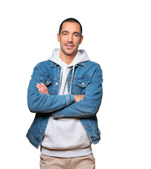 Serious young man looking up gesture