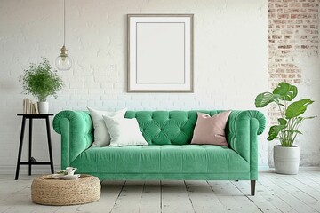 Picture Frame Hanging on Shabby Chic White Brick Wall in Green Sofa Interior - AI Generated