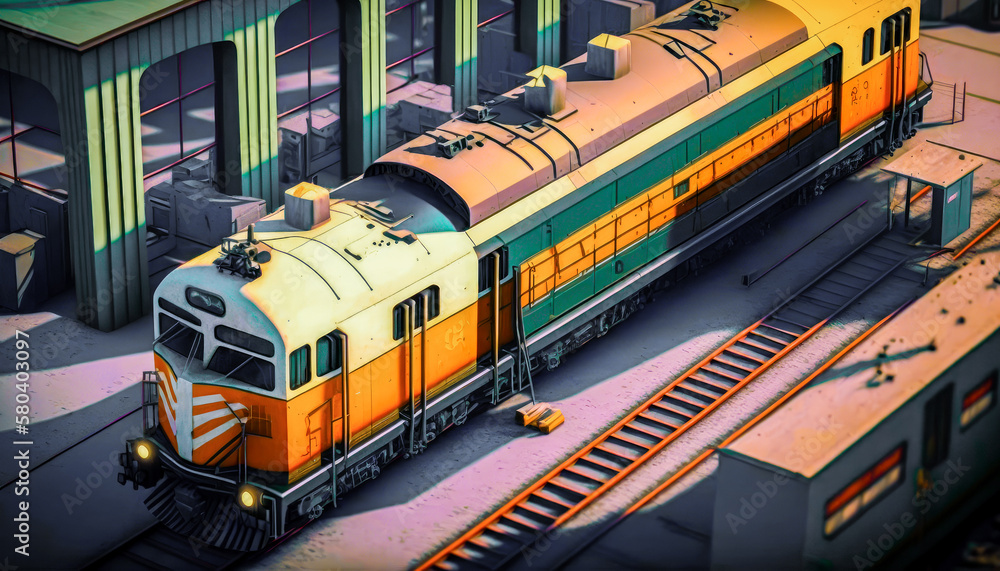 Aufkleber train is parked in front of building. generative ai.