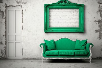 Picture Frame Hanging on Shabby Chic White Brick Wall in Green Sofa Interior - AI Generated