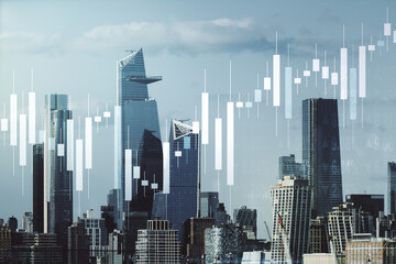 Abstract virtual financial graph hologram on New York cityscape background, financial and trading concept. Multiexposure