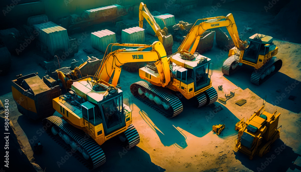 Poster an aerial view of several excavators sitting on top of each other. generative ai.