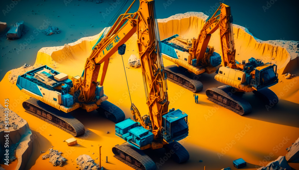 Poster 3d rendering of two excavators on top of mountain. generative ai.