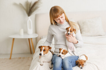 Young woman with her cute Jack Russell Terrier in a chair at home. white pet