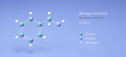 benzyl alcohol molecule, molecular structures, aromatic alcohol, 3d model, Structural Chemical Formula and Atoms with Color Coding