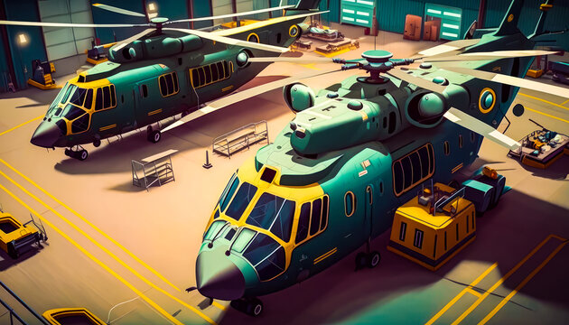 An image of two helicopters in hangar. Generative AI.