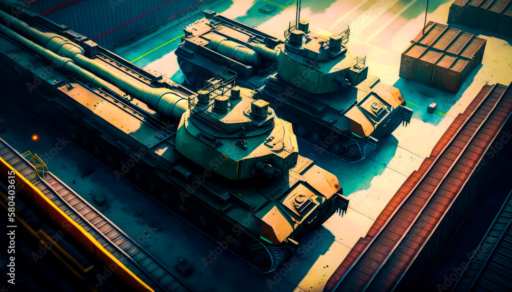 Poster an aerial view of two tanks sitting next to each other. generative ai.