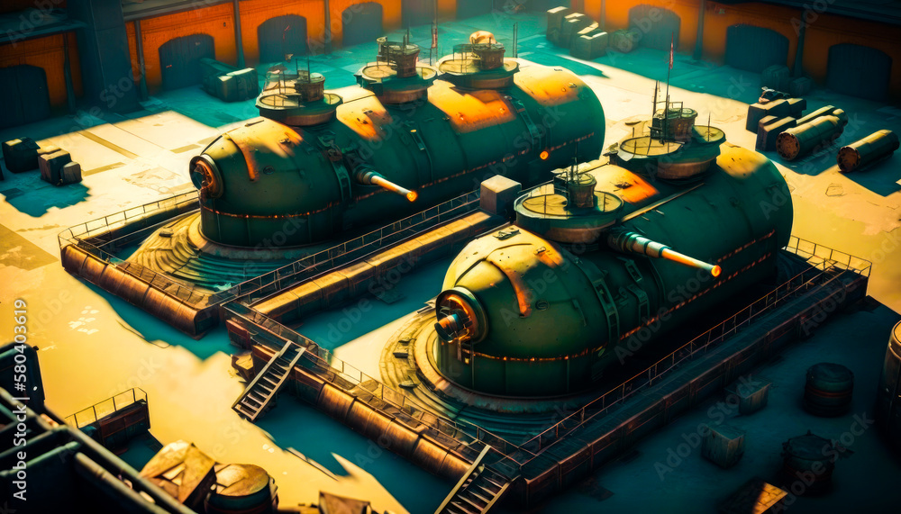 Poster an aerial view of two large tanks in an industrial setting. generative ai.