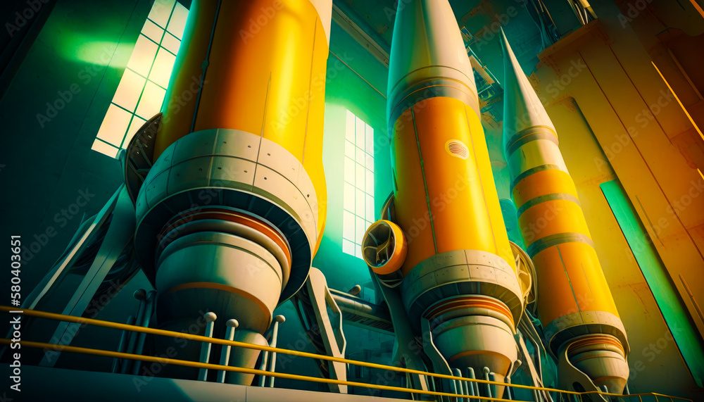 Poster an image of some yellow rockets in building. generative ai.
