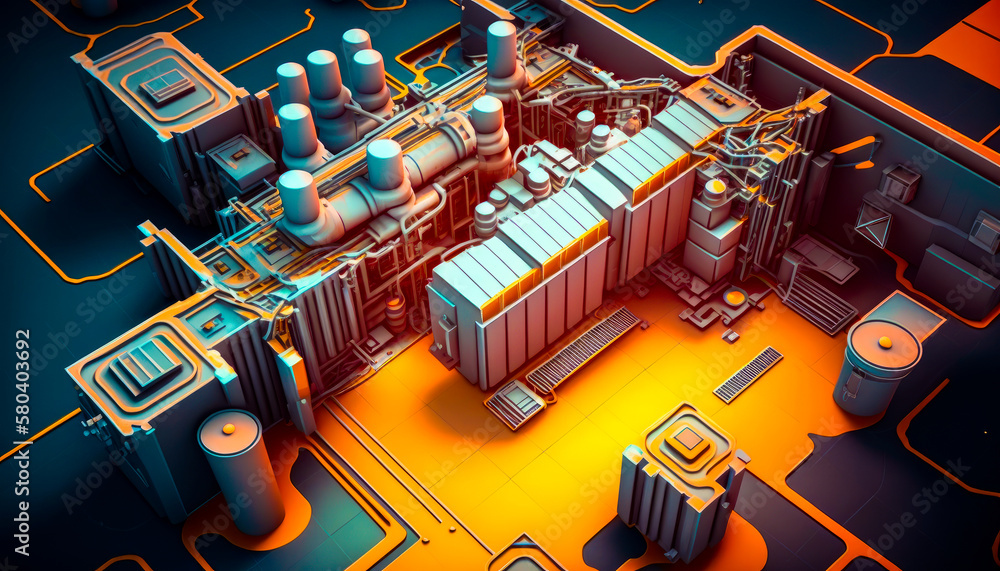 Aufkleber 3d rendering of an industrial building with orange and blue lights. generative ai.