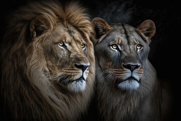 The lion and the lioness are both animals. In the dark, a portrait. Generative AI
