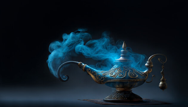 Genie from lamp in blue smoke. Fantasy fairy tale. AI generative content