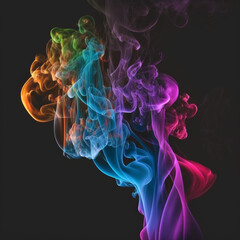 Multi-colored smoke on a dark background, beautifully hanging in the air.