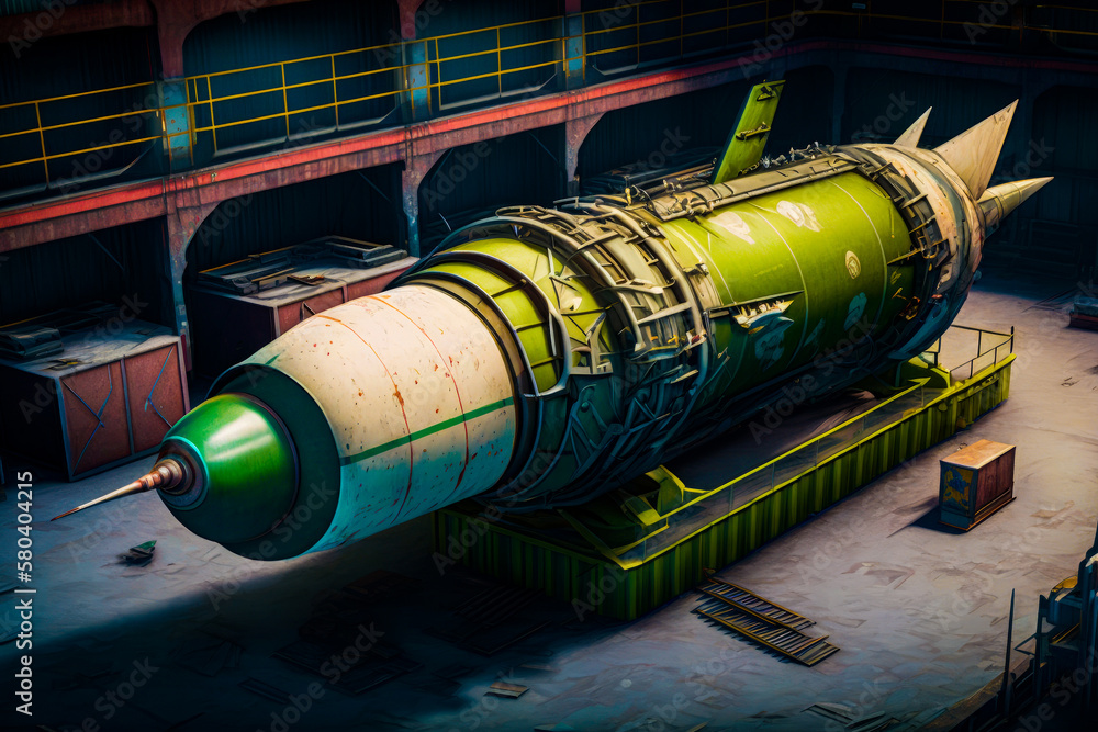 Poster an artist's rendering of large rocket in warehouse. generative ai.
