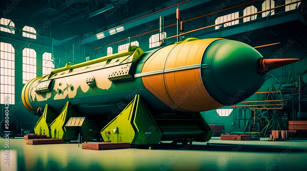 Poster an image of green and orange rocket in factory. generative ai.