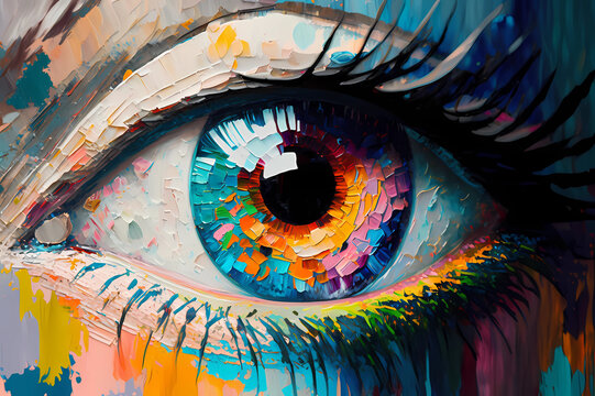 Conceptual abstract image of the eye. Oil painting in bright colours. Conceptual abstract close-up oil painting and palette knife on canvas. © VirtualCreatures