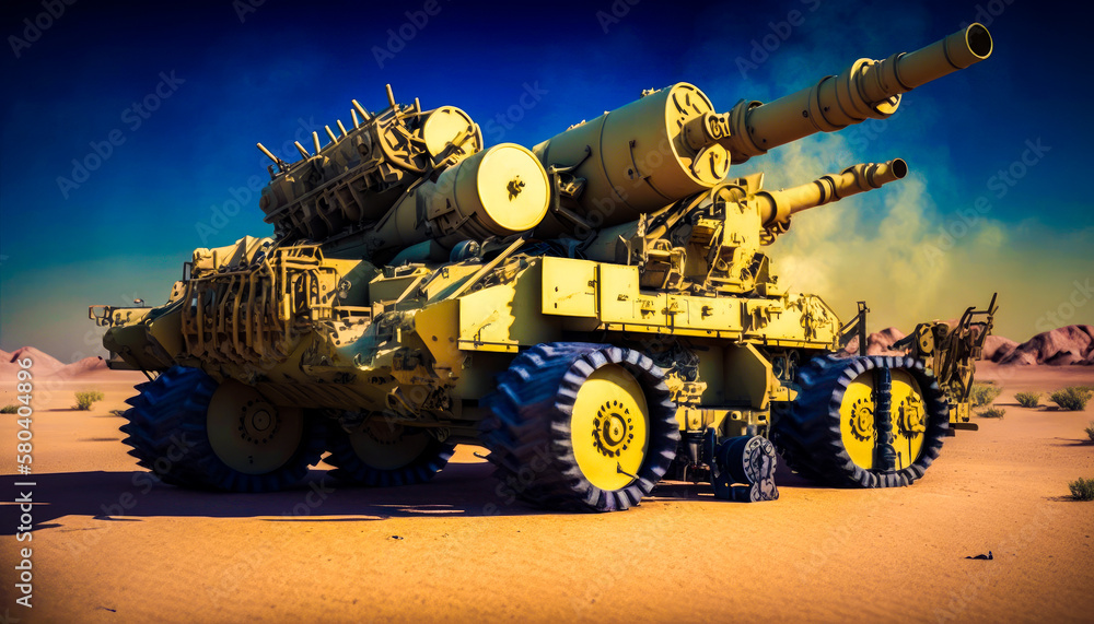 Poster an image of large military vehicle in the desert. generative ai.