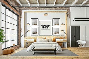 Modern Open Industrial Style Loft Bedroom with Large Windows Mockup - AI Generated