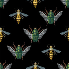 Seamless pattern with wasp and cockchafer. Vector