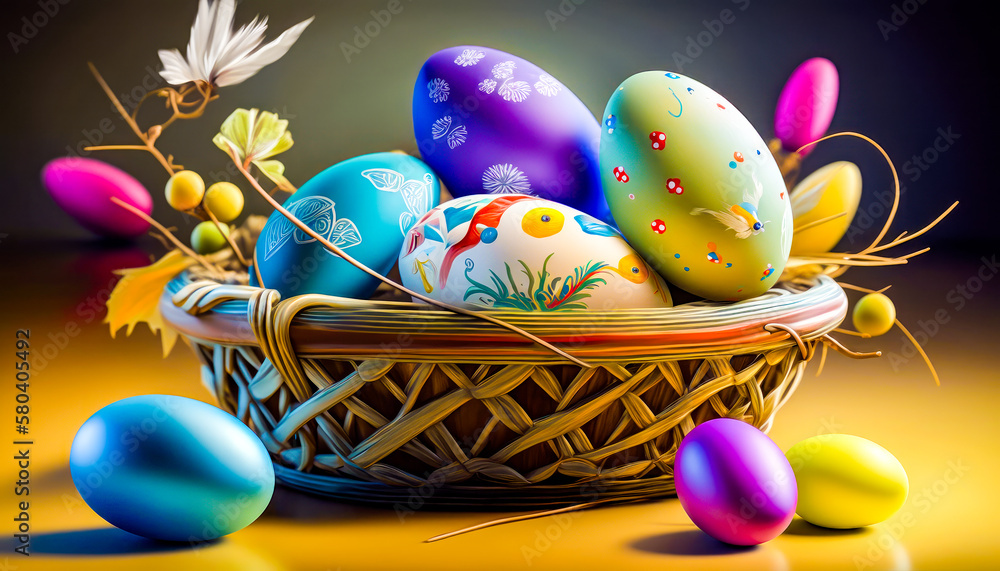 Poster an image of colorful easter eggs in basket. generative ai.