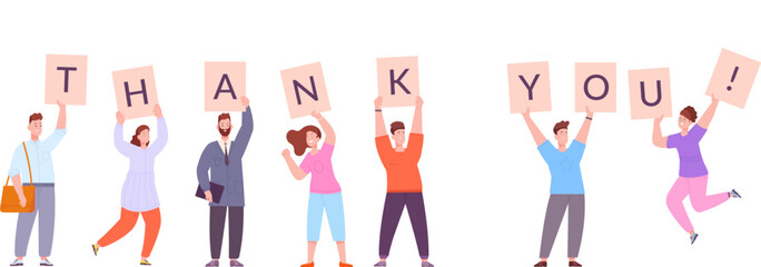 People thank poster. Service teamwork thanking happy customers, thankful clients man woman marketing group holding thanks posters gratitude appreciation concept vector illustration