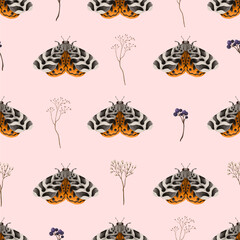 Seamless pattern with butterly, berries and dried branch. Vector.