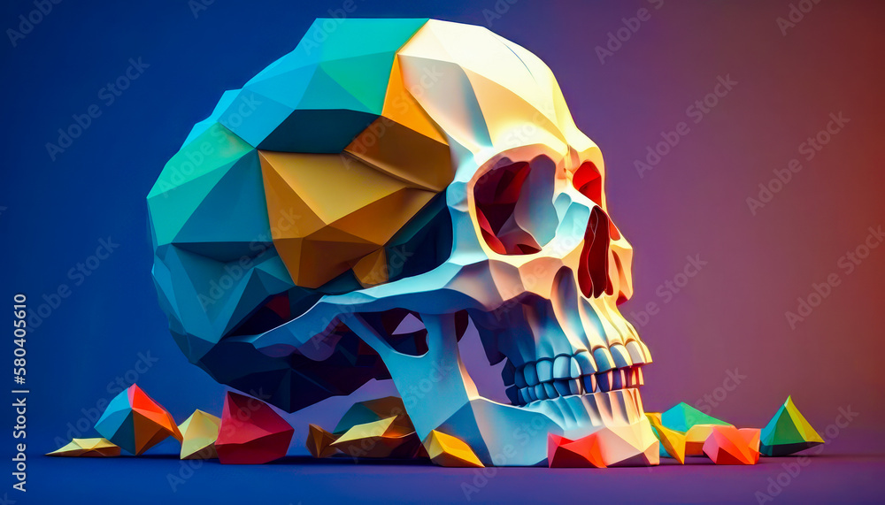 Poster 3d skull with colorful geometric shapes around it. generative ai.