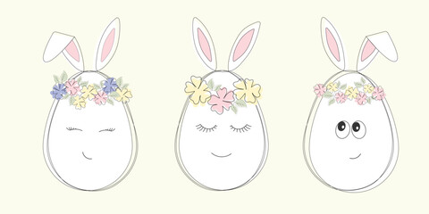 A set of three cute Easter eggs with bunny ears in a floral wreath. Illustration in line art style.