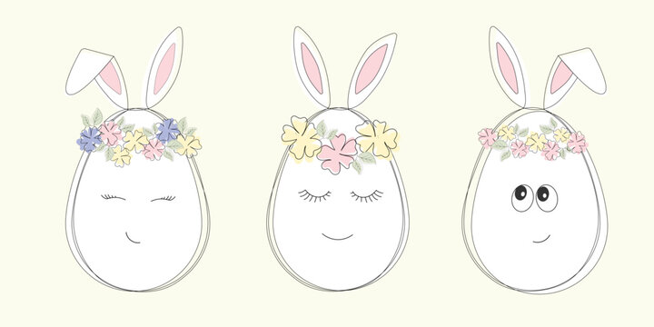A set of three cute Easter eggs with bunny ears in a floral wreath. Illustration in line art style.