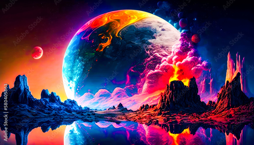 Aufkleber an image of colorful planet with mountains in the background. generative ai.