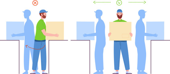 Load handling in workplace. Loadman proper and incorrectly posture carry heavy box wrong loading right position for loader back, object lifting manual, splendid vector illustration
