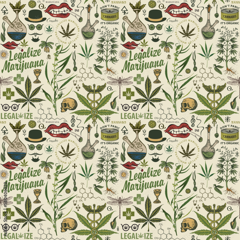 Aufkleber vector seamless pattern in retro style on the theme of legalize marijuana. color repeatable backgrou