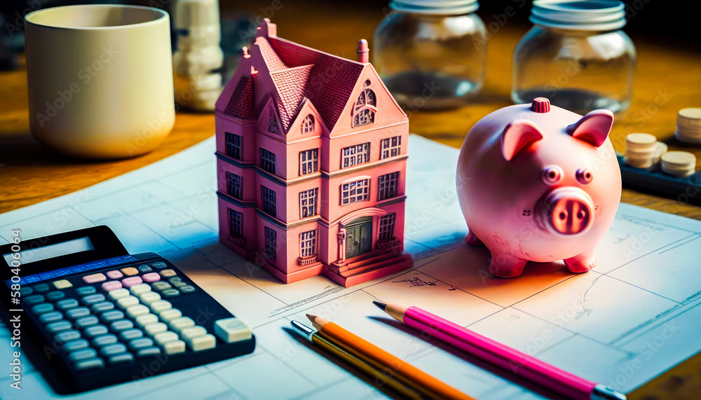 Poster piggy bank and calculator on top of desk. generative ai.