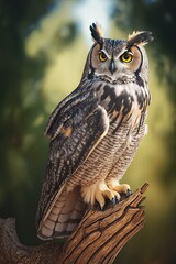 A majestic owl standing on snow, clean sharp focus on the subject, national geographic, highly detailed fur, soft shadows, no contrast, f-stop 1.8, blurry background, professional color grading