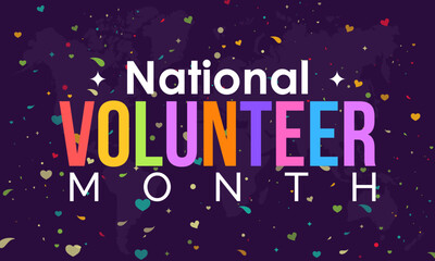 National Volunteer month. volunteers communities awareness concept banner design with colorful love and dot halftone in blue background. observed on April