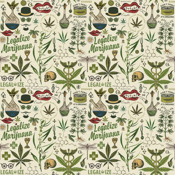 Vector seamless pattern in retro style on the theme of legalize marijuana. Color repeatable background with hemp leaves, cannabis plants, other sketches and inscriptions on an old paper backdrop