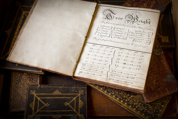 Young student's mathematics School Exercise Text Book. On problem solving weights and measures. Elaborate print with hand written calculations. British dated 1686